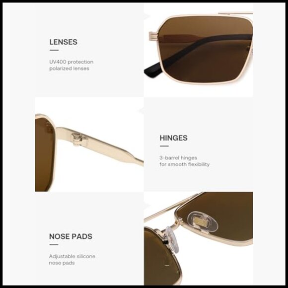 Metal Retro Polarized Square Sunglasses UV400 Protection Unisex Fit